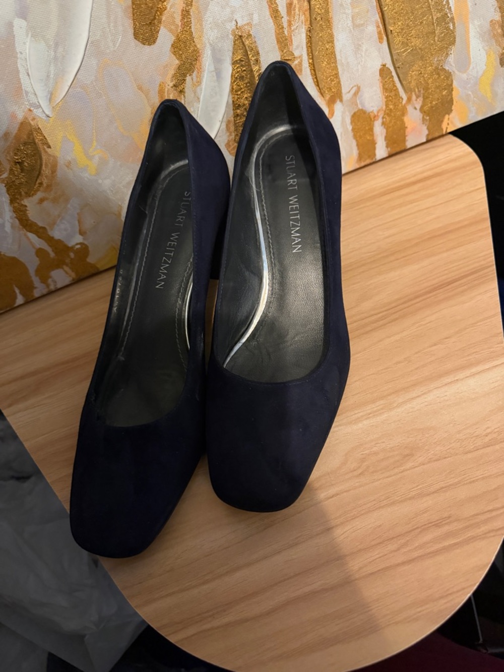 Stuart Weitzman Dark Navy Suede Block Heel Pumps